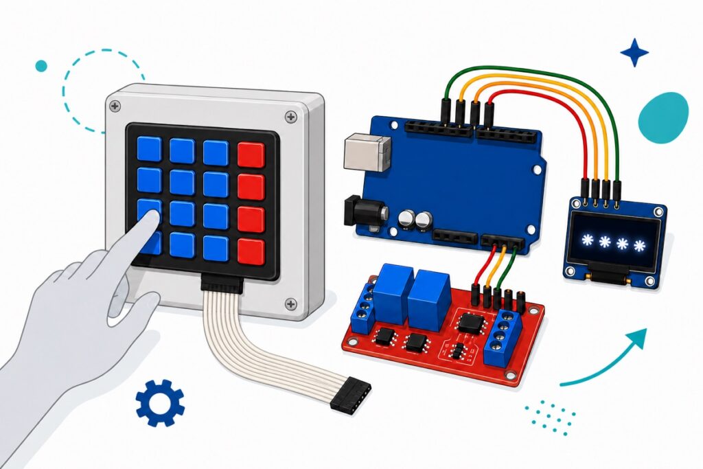 Kartun keypad membran hitam dengan kekunci biru dan merah pada sebuah kotak, disambung ke Arduino Uno biru, modul relay merah dan paparan OLED biru