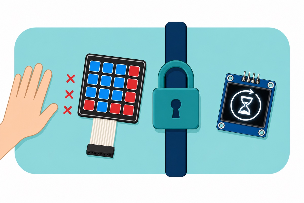 Cartoon of a black membrane keypad with three red crosses, a closed padlock in front of a barrier, and a blue OLED display showing an hourglass