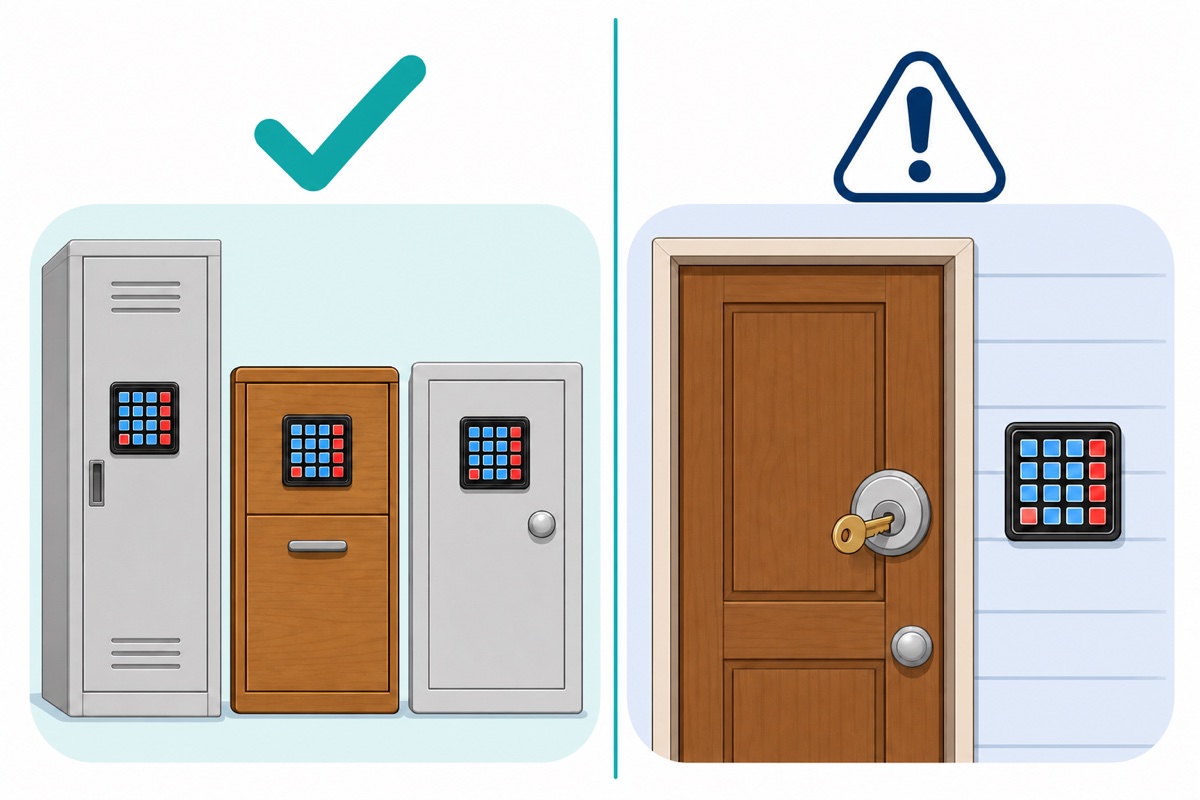 Cartoon comparison of a black membrane keypad on a locker, a drawer and a cabinet with tick marks, against a house door with a mechanical deadbolt and a warning sign