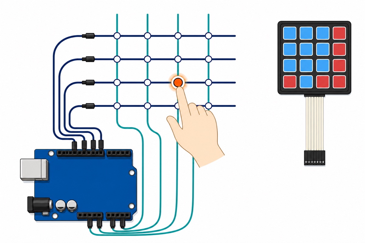 Cartoon concept diagram of a grid of four rows crossing four columns, one crossing pressed by a finger, with eight wires running to a blue Arduino Uno
