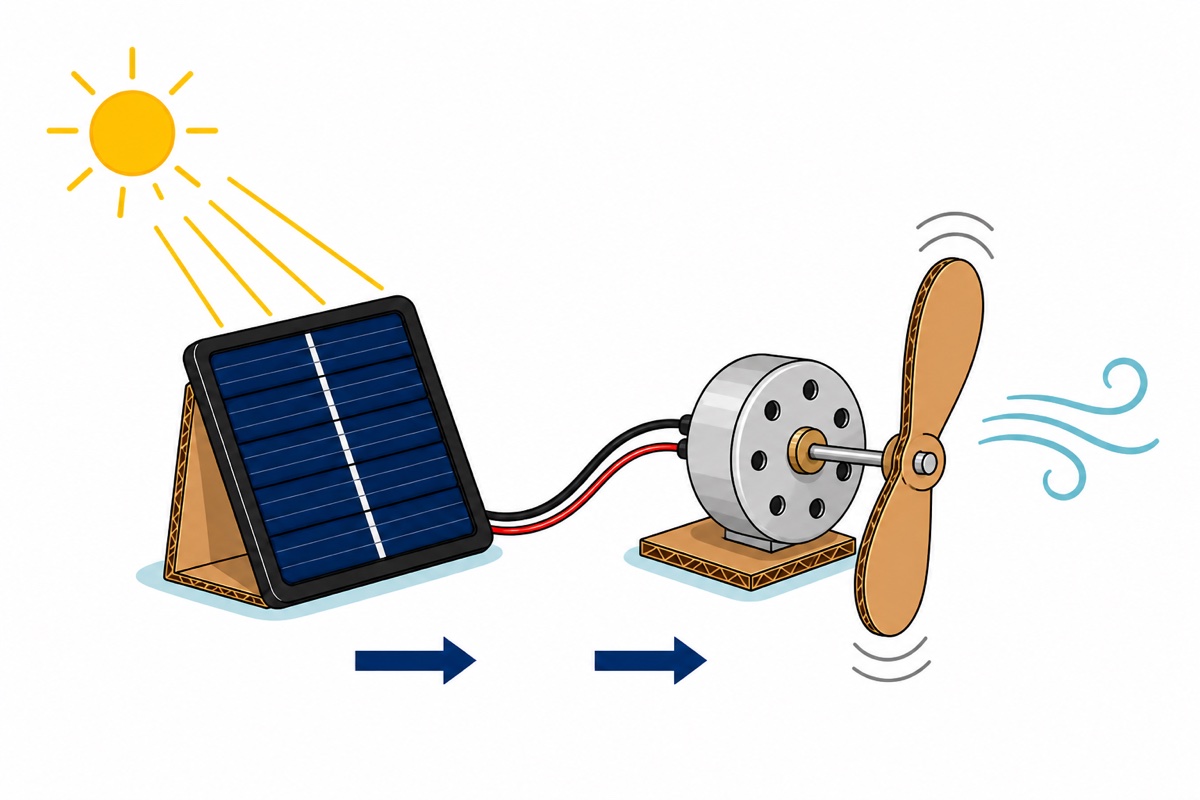 Cartoon of the solar fan energy chain - a yellow sun shining on a dark blue solar panel in a black frame on a cardboard stand, red and black wires running to a round silver motor, and a spinning brown cardboard blade making wind
