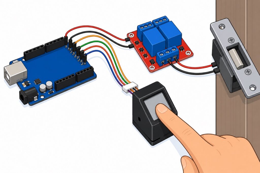 Sensor cap jari AS608 hitam dengan jari diletak di tingkap kaca, disambung ke Arduino Uno biru dan modul relay merah yang membuka electric strike