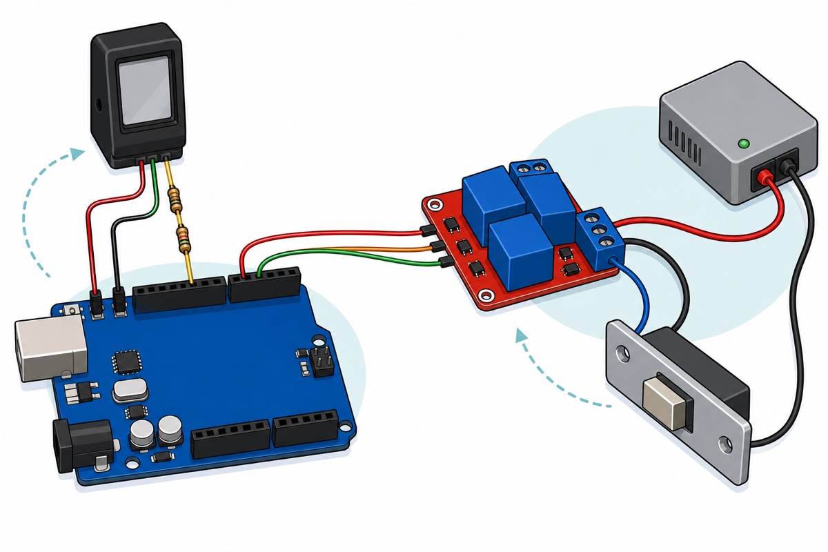 Cartoon wiring diagram of a black AS608 connected to a blue Arduino Uno with a two-resistor divider, a red relay module and a 12V solenoid lock on its own supply