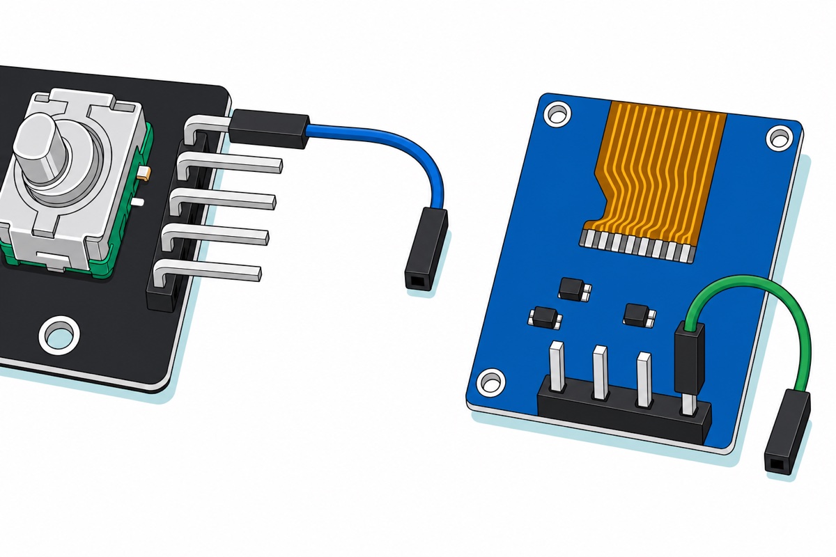 Cartoon close-up comparing the KY-040's black right-angle header with silver pins running out sideways against the blue OLED's back-mounted black four-pin header with upright silver pins, each receiving a black female jumper shell