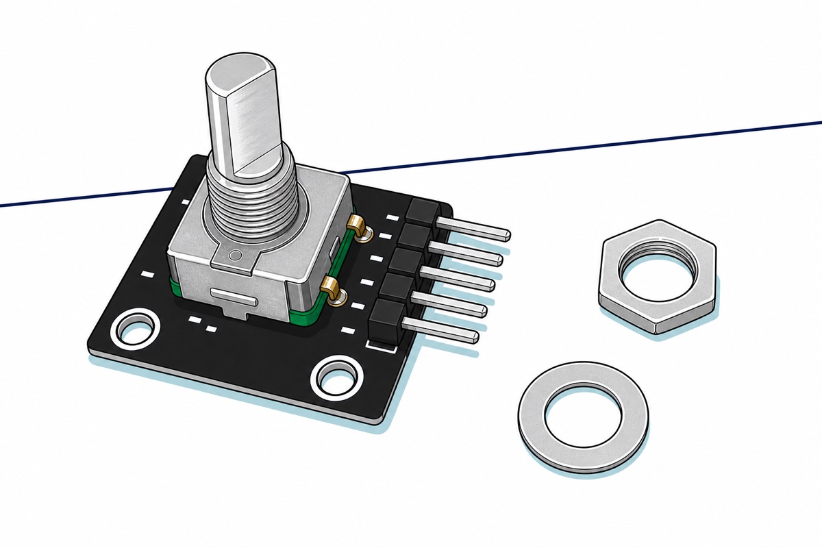 Cartoon of a black KY-040 rotary encoder module with a silver metal encoder body on a green base and a bare silver D-flat shaft, its five silver header pins bending out sideways, with a loose silver hex nut and flat washer beside it