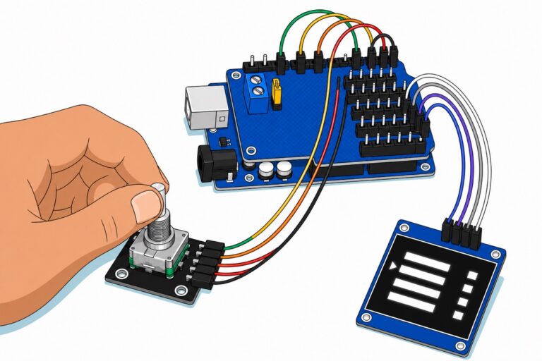 Cartoon of a hand turning the bare silver shaft of a black KY-040 rotary encoder wired to a blue 0.96-inch OLED showing an abstract four-row menu, both connected to a blue Arduino Uno with a blue sensor shield stacked on it