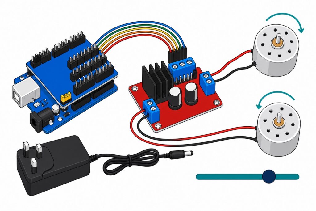 Cartoon of a red L298N motor driver board with a black heatsink and blue screw terminals wired to a blue Arduino Uno on a sensor shield and two silver DC motors
