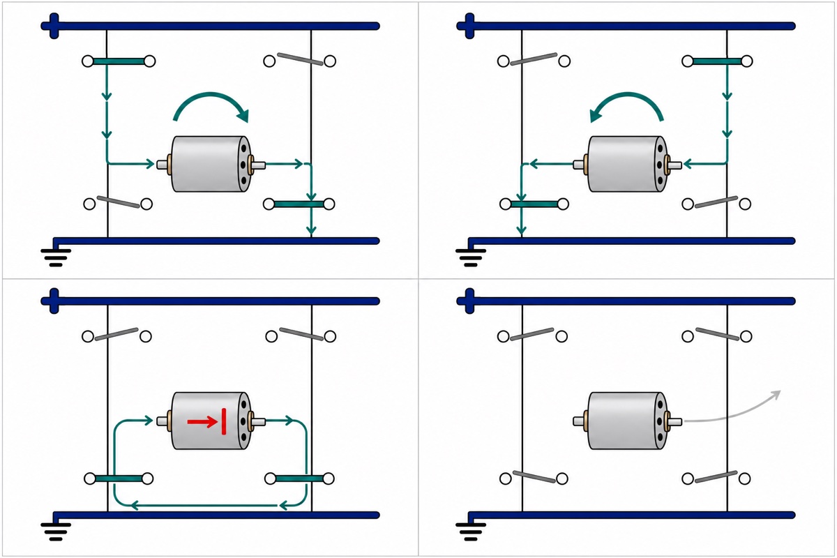 Cartoon of four H-bridge states showing current crossing a silver motor one way, the other way, a shorted braking loop, and all switches open for coasting