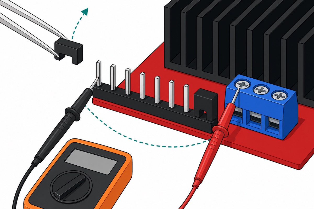Cartoon close-up of tweezers lifting a black jumper cap off silver header pins on a red L298N board while orange multimeter probes check continuity to the blue screw terminal