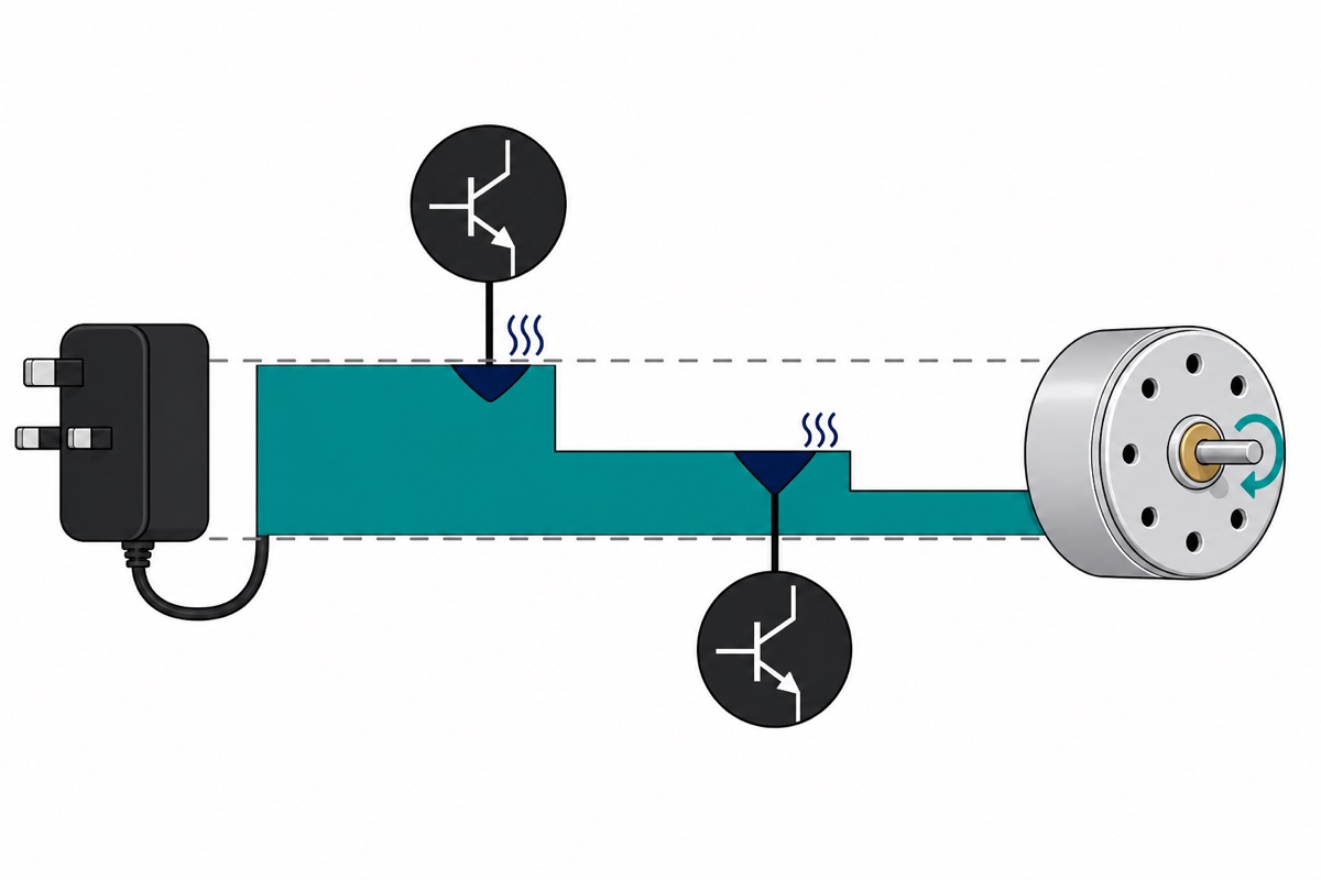 Cartoon showing a teal band of voltage from a black power adaptor losing two wedge-shaped bites to black transistor symbols before reaching a silver DC motor