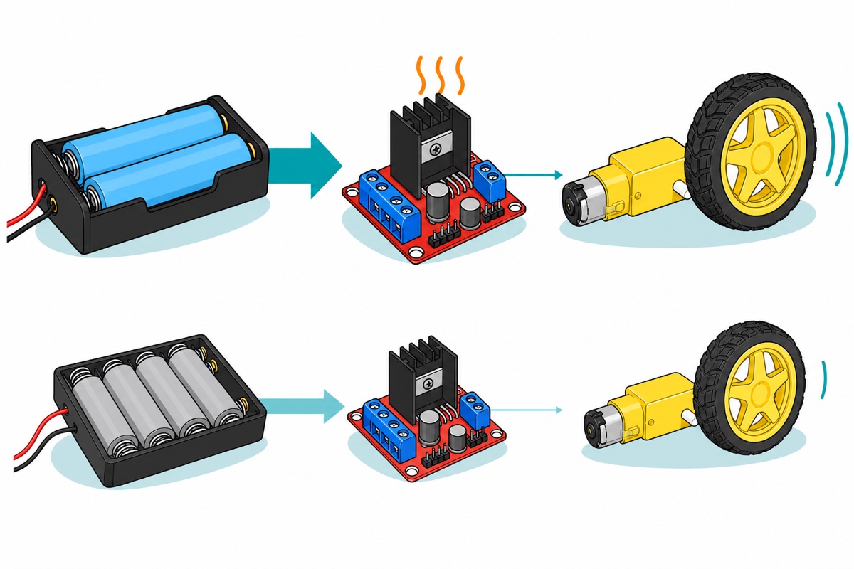 Cartoon comparison of two 18650 cells in a black holder feeding a red L298N board through a thick teal arrow and out to a fast-spinning yellow motor, above four AA cells feeding the same board with only a thin trickle reaching a barely turning motor