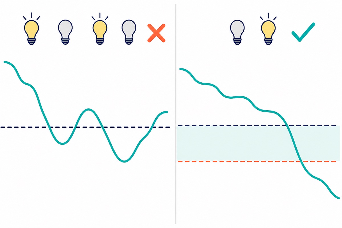 Two-panel cartoon chart comparing one threshold with two: a rippling teal light curve crosses a single dashed navy line four times with bulb icons alternating on and off and an orange cross, versus the same curve crossing the band between an orange and a navy line only once with a teal tick