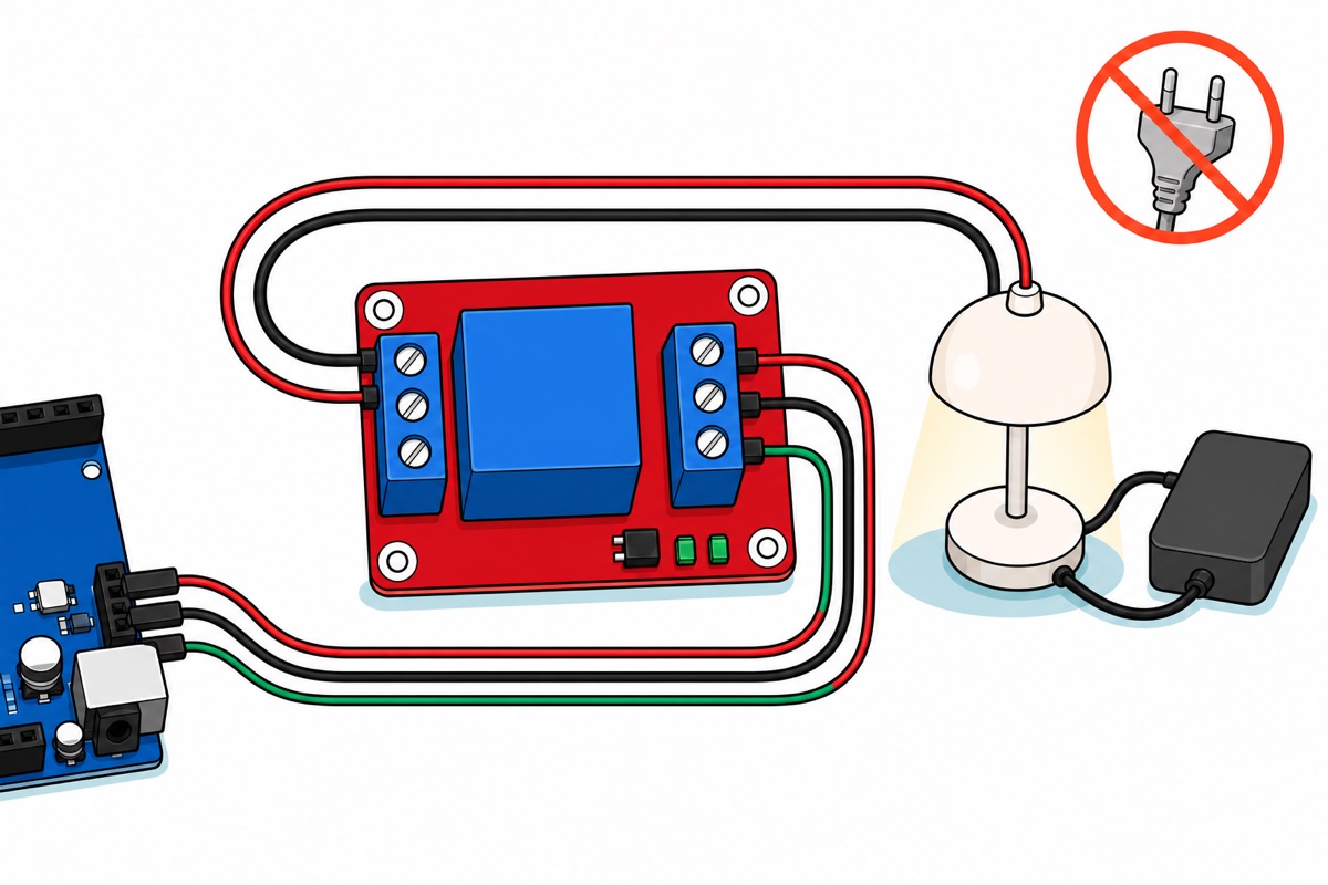 Cartoon illustration of a red relay board with a blue relay cube and two blue screw terminal blocks, wired to the edge of a blue Arduino board on the left and to a white lamp glowing yellow with a grey DC power supply on the right, with a grey mains plug marked by an orange prohibition sign in the top corner