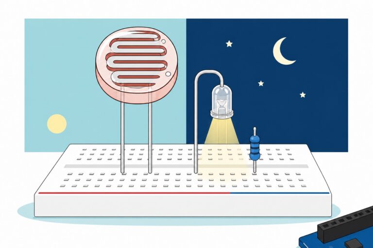 Ilustrasi kartun LDR bulat bermuka merah jambu pucat dengan corak serpentin perak berdiri di atas breadboard putih di sebelah lampu jalan mini bertiang wayar perak dengan LED 5 mm jernih bercahaya kuning, berlatarkan langit siang teal di kiri dan langit malam navy berbulan sabit di kanan