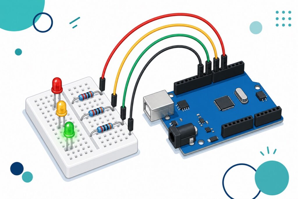 Projek lampu isyarat Arduino di atas breadboard putih dengan LED merah kuning hijau, rintangan biru dan Arduino Uno biru