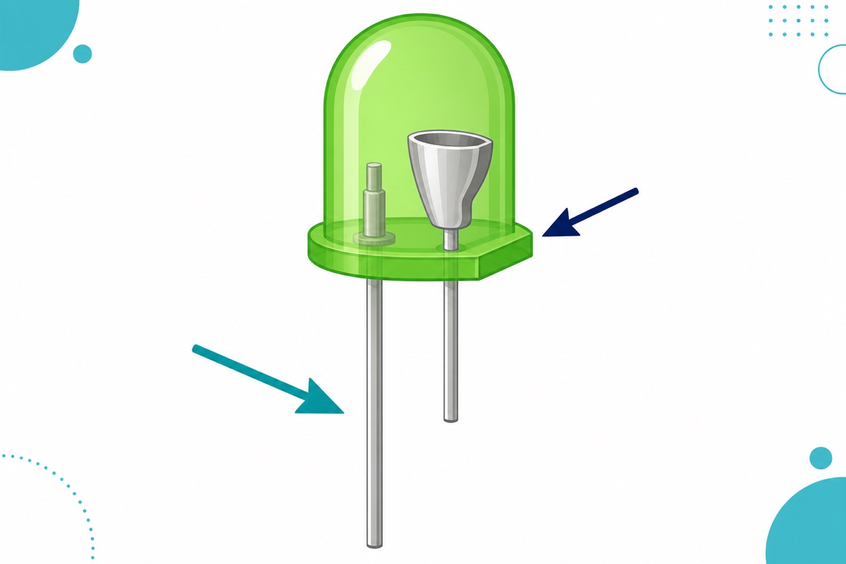 Close-up of a 3mm green LED showing the long anode leg and the short cathode leg with the flat spot on the rim of the dome