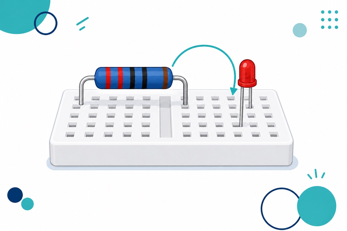 Blue axial resistor with colour bands next to a 3mm red LED on a white mini breadboard