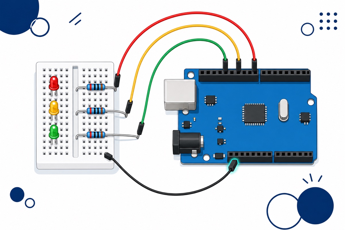 Overview of the Arduino traffic light wiring with a white breadboard, red yellow and green LEDs, blue resistors and a blue Arduino Uno
