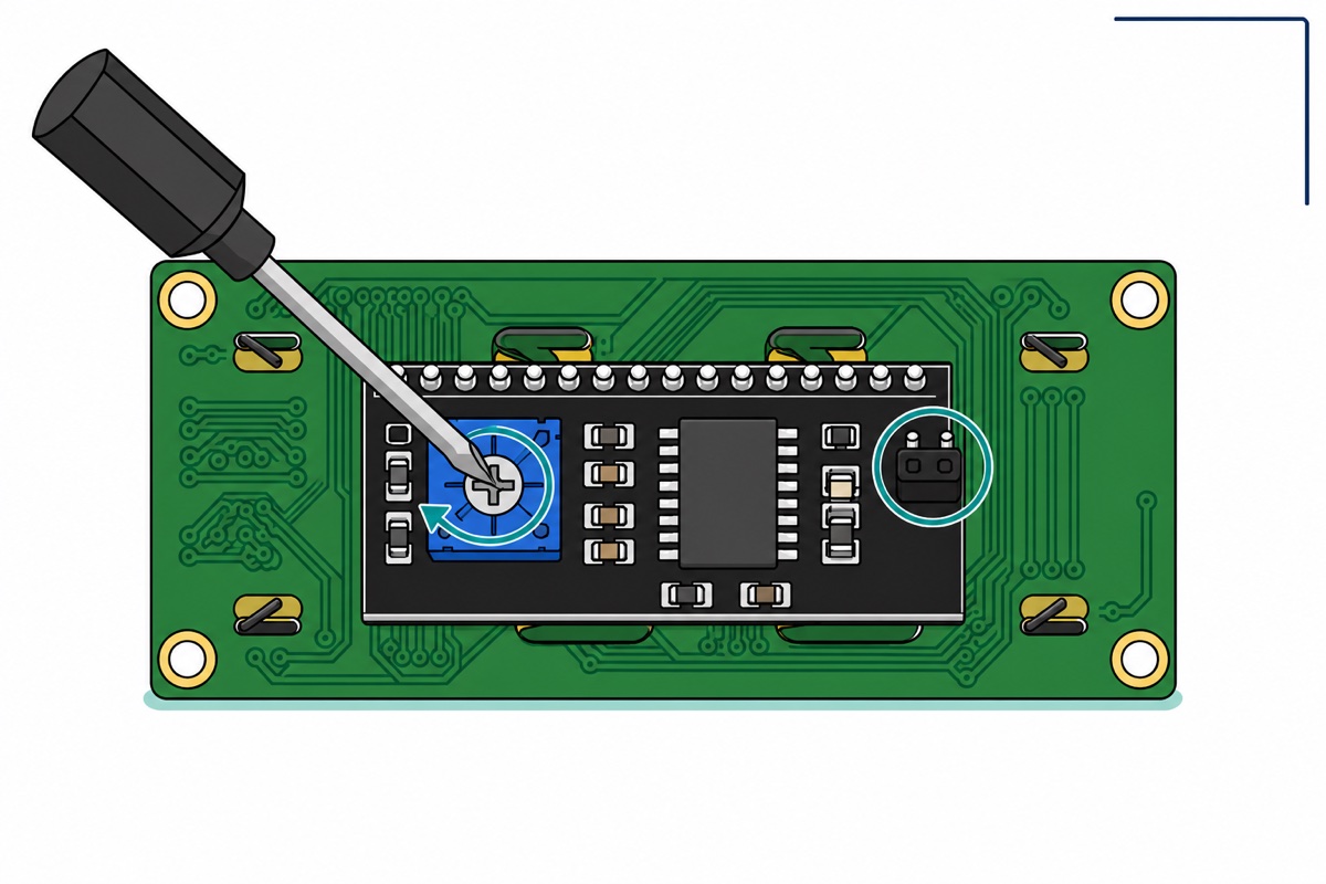 Cartoon back view of an LCD1602 showing the black I2C backpack with a screwdriver turning its blue contrast trimmer and a separate black backlight jumper cap highlighted