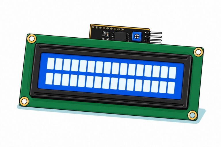Cartoon of a 16x2 LCD module with a glowing blue screen showing two rows of blank character cells, a black I2C backpack board peeking from behind its top edge