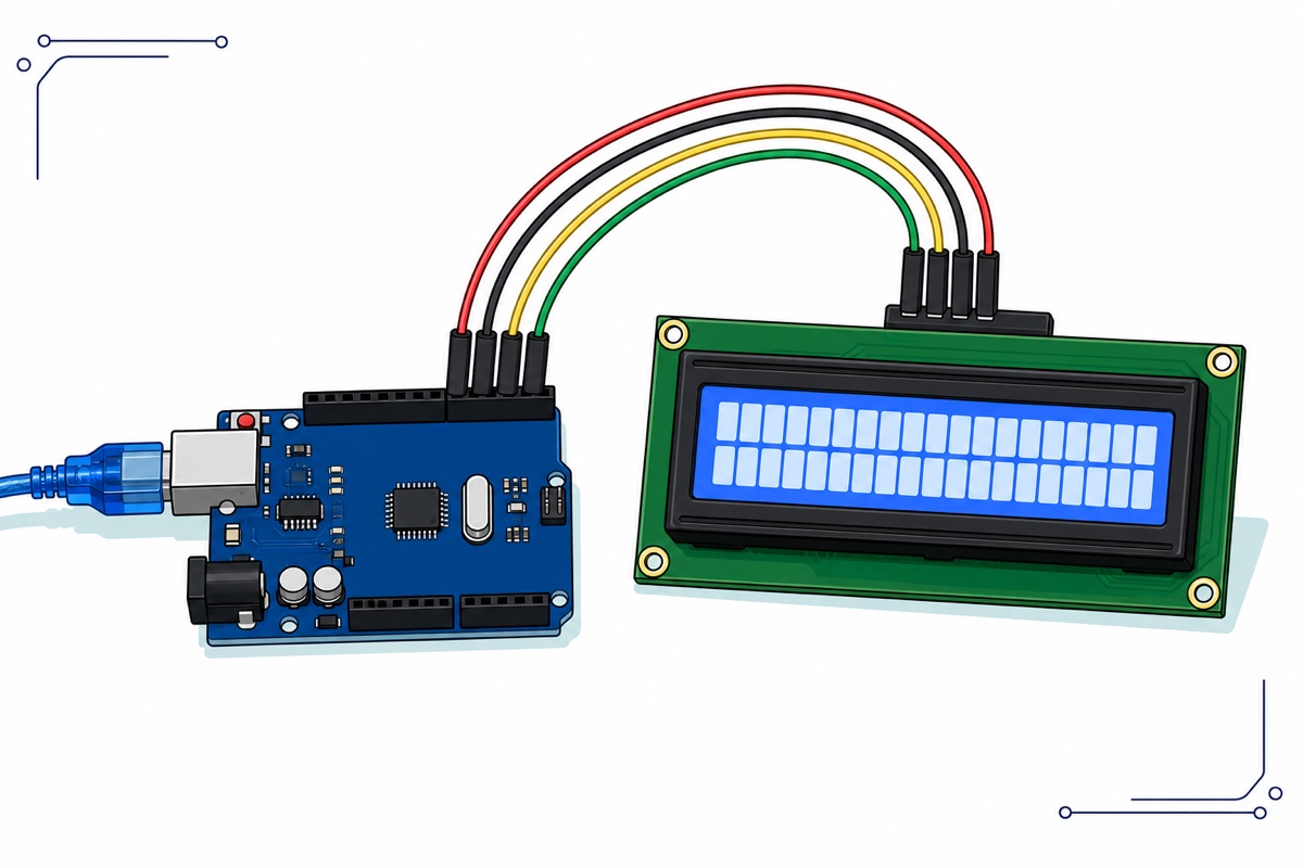 Cartoon desk build of a dark blue Arduino Uno connected by four coloured jumper wires to a glowing blue 16x2 LCD, with a translucent blue USB cable plugged into the Uno