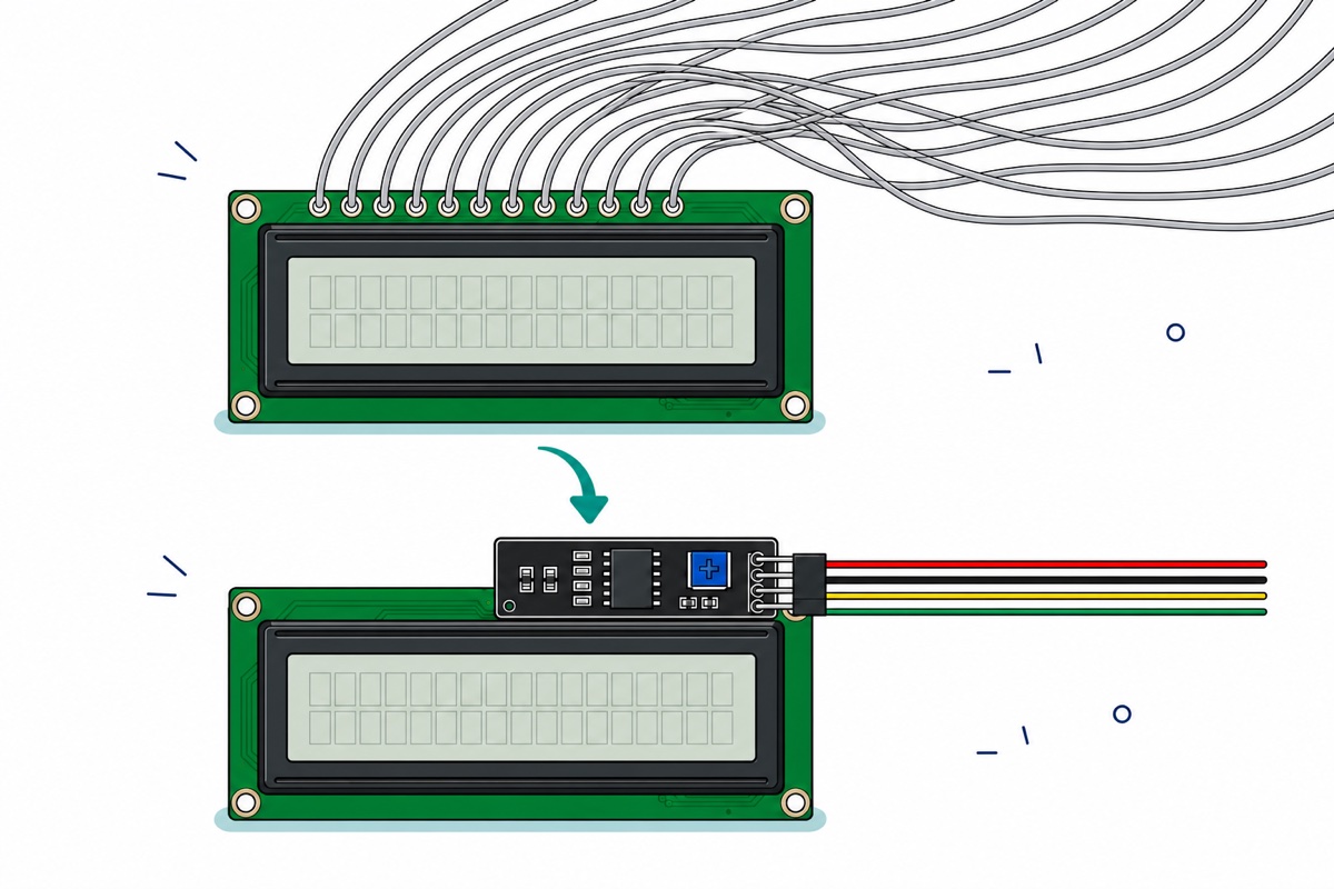 Cartoon comparing a bare 16x2 LCD with about twelve tangled grey wires against the same LCD with a black I2C backpack and only four tidy coloured wires