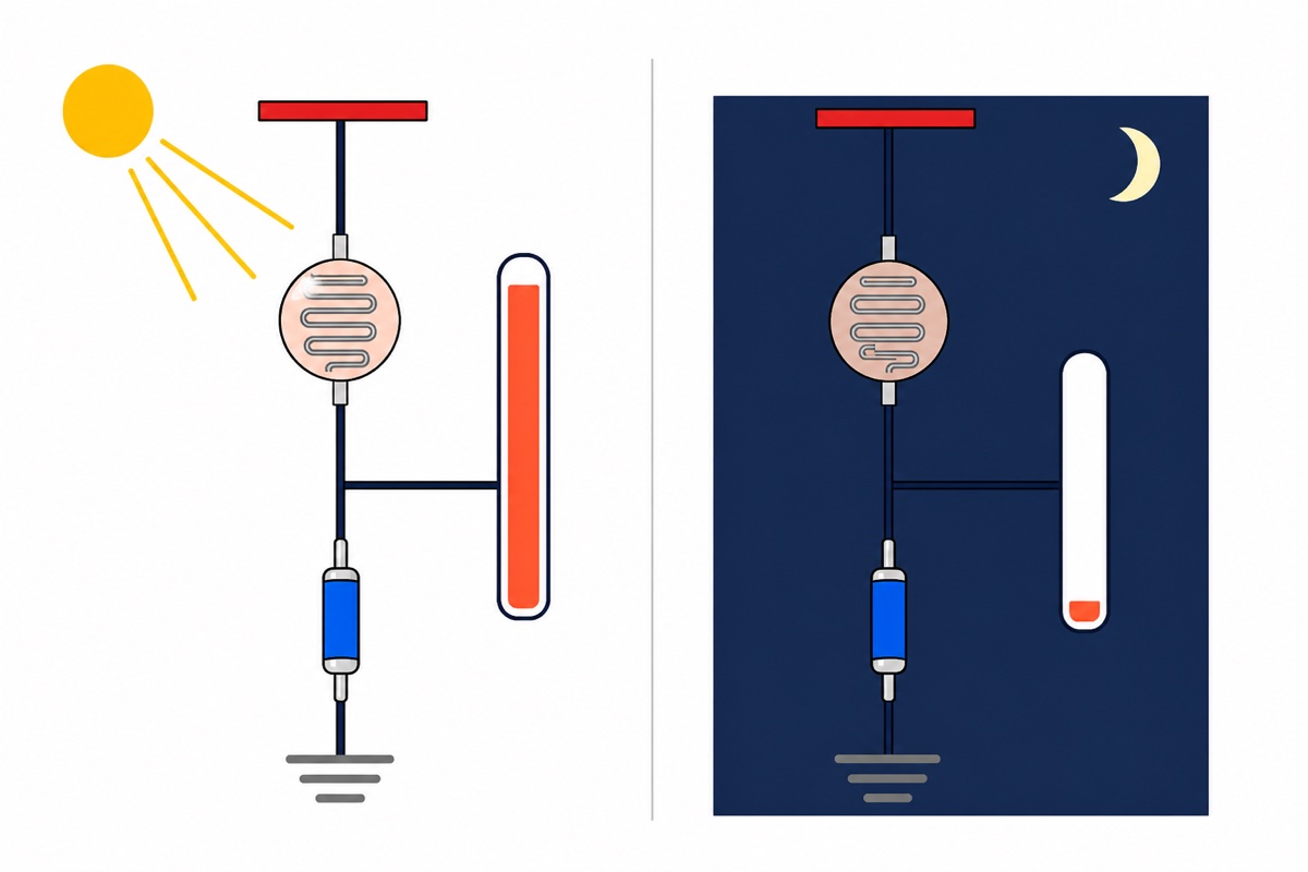 Two-panel cartoon diagram of a voltage divider: a pale pink LDR with a silver pattern on top and a blue resistor below it between a red rail and a grey ground bar, with an orange tube showing high voltage under a yellow sun and low voltage under a crescent moon