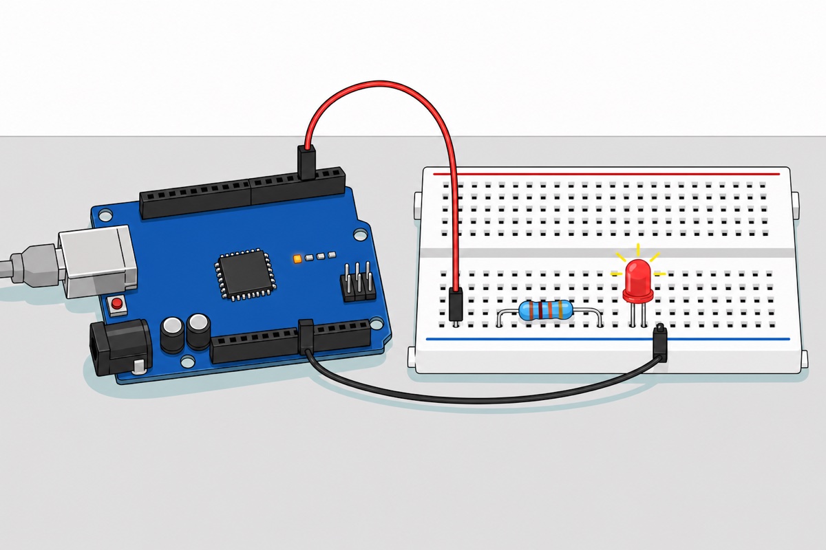 Cartoon close-up of a white breadboard with a lit 5 mm red LED and a blue resistor, connected by red and black dupont wires to a blue Arduino Uno board with a grey USB Type B cable