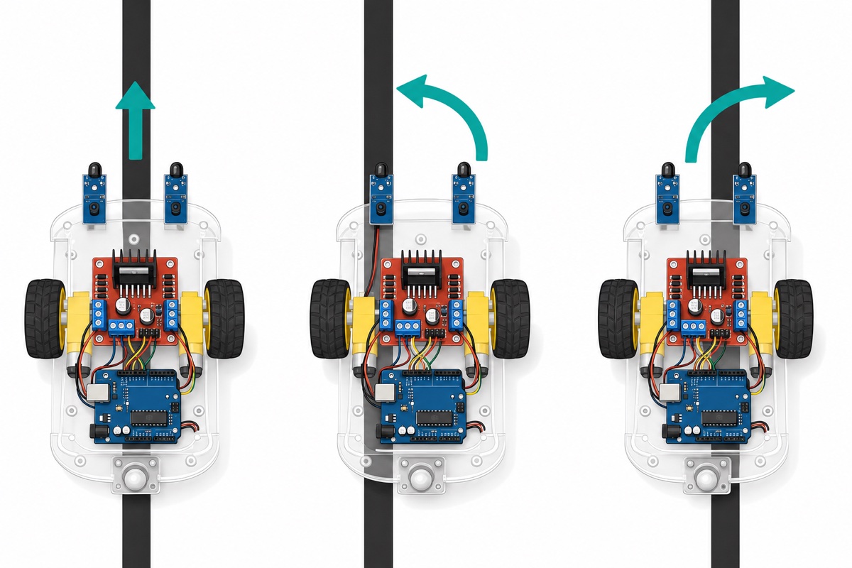 Concept diagram of a line follower robot's two IR sensor logic over a black line
