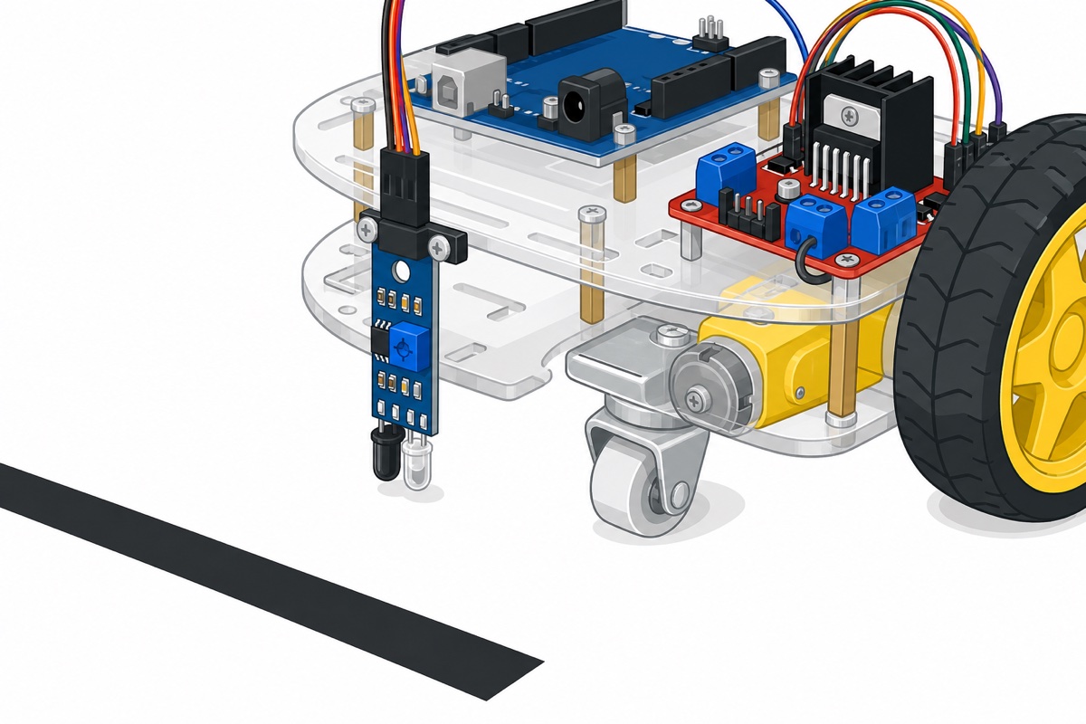 Blue IR sensor mounted facing down about 1 to 2 centimetres above a white floor