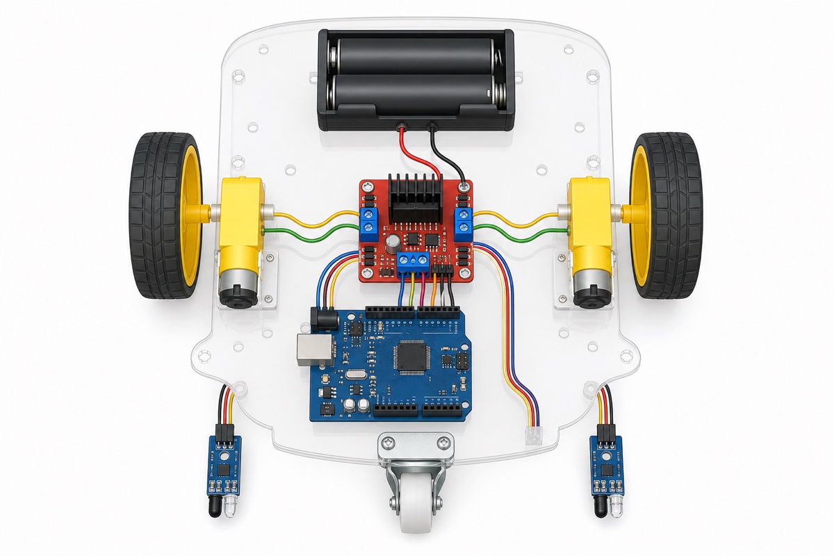 Overview of line follower robot wiring with an Arduino Uno, red L298N, two blue IR sensors and an 18650 battery holder