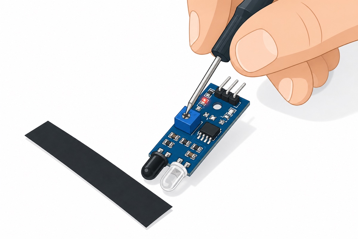 Finger adjusting the blue trimmer on an IR sensor above a white surface with black tape beside it