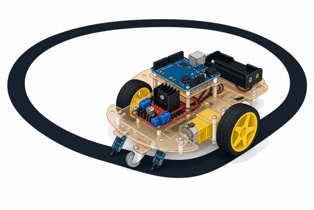 Robot line follower Arduino atas trek tape hitam dengan chassis akrilik, roda kuning, L298N merah dan dua sensor IR biru