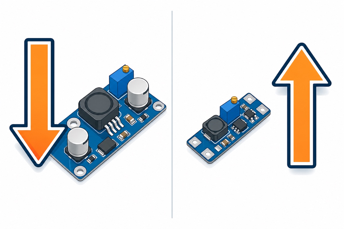 LM2596 buck module steps voltage down; the smaller MT3608 boost module steps voltage up
