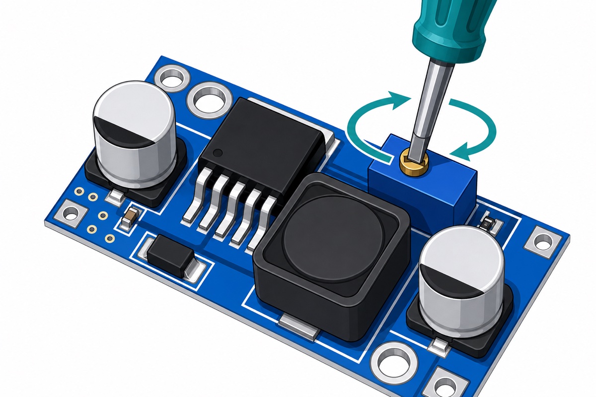 Flat-blade screwdriver turning the 25-turn trimmer potentiometer on an LM2596 module