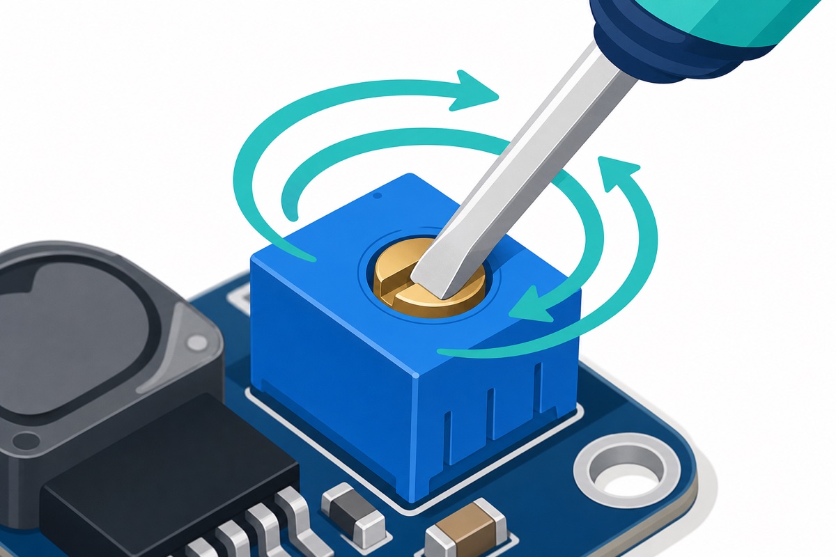 Flat-blade screwdriver turning the 25-turn trimmer potentiometer on an LM2596 module