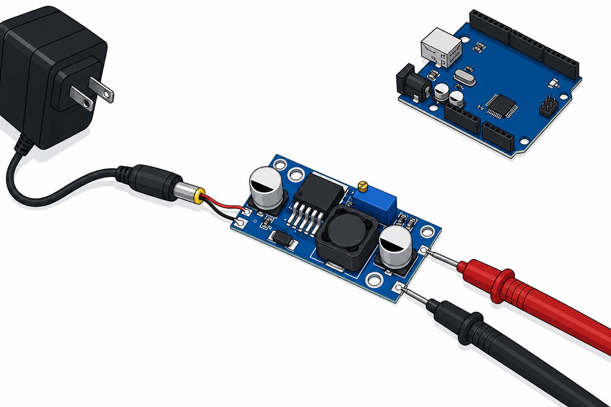 Adapter powering the LM2596 input while multimeter probes measure the output β nothing else connected