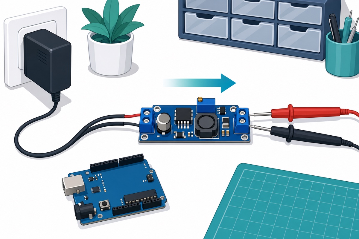 Adapter powering the LM2596 input while multimeter probes measure the output β nothing else connected