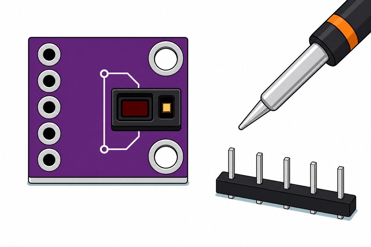 Cartoon close-up of a small purple MAX3010x sensor board with five bare silver solder holes beside a loose black five-pin header strip and a soldering iron