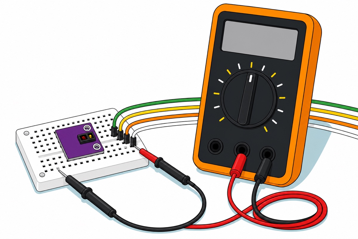Cartoon of an orange-sleeved multimeter with red and black probes measuring the idle voltage on a jumper wire at a purple MAX3010x module on a white mini breadboard