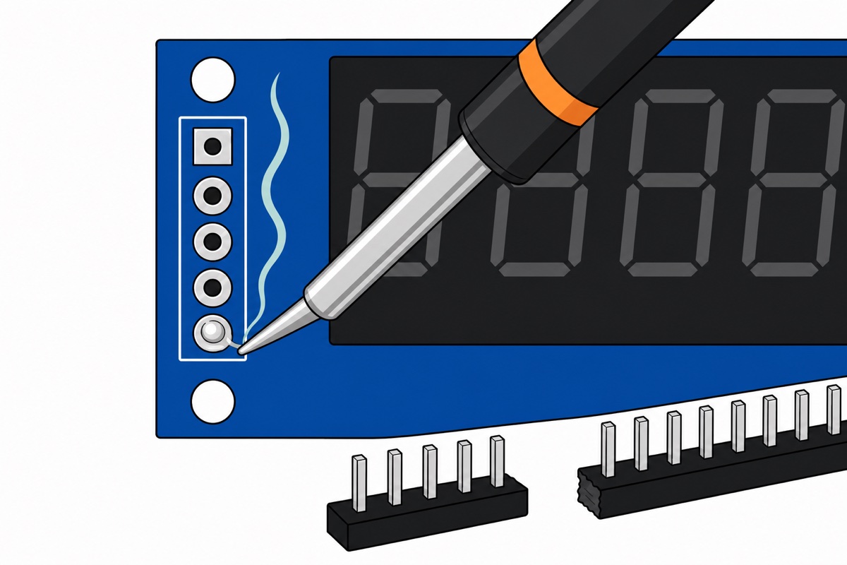 Cartoon close-up of five bare tinned solder pads on a long blue MAX7219 board with a snapped-off black five-pin header and a soldering iron laying a joint