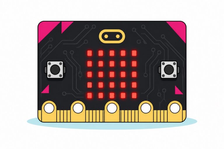 Kartun muka hadapan papan micro:bit V2 hitam dengan grid 25 LED merah menyala di tengah, dua butang hitam berbingkai perak, logo emas sentuh di atas, segi tiga merah jambu di penjuru dan jalur gelang emas di tepi bawah