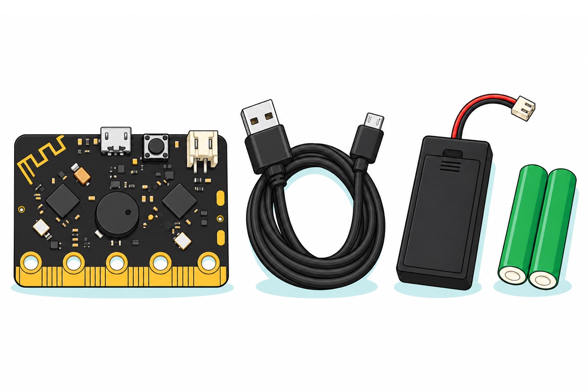 Cartoon flat-lay of the contents of a micro:bit set; a black micro:bit board seen from the back, a coiled black USB cable, a thin black battery holder with red and black wires, and two green AAA batteries