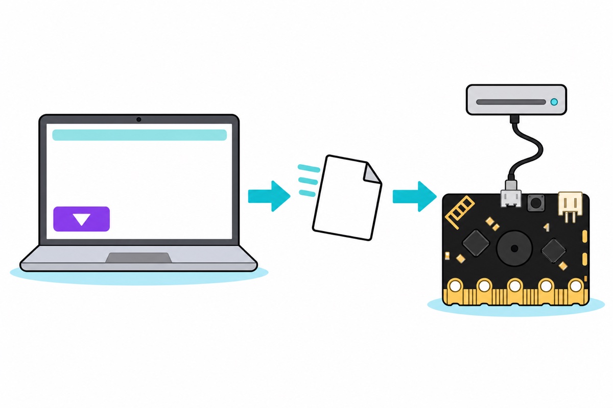 Three-stage cartoon of uploading a micro:bit program; a laptop with a purple download button on the left, a white file icon being dragged in the middle, and a drive icon with a black micro:bit board connected by a black USB cable on the right