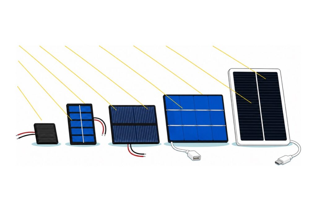 Kartun lima panel solar mini disusun mengikut saiz menaik, bermula dengan kepingan epoksi hitam kecil berwayar merah dan hitam, panel biru bersalur, panel poli biru gelap, panel biru berbingkai hitam dengan soket USB-A putih, dan panel monokristalin hitam berbingkai putih dengan plug USB-C perak