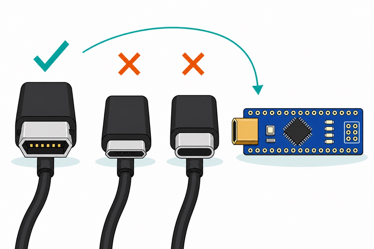 Cartoon comparison of three USB plugs, a squat grey Mini-USB Type-B trapezoid marked with a teal tick and an arrow pointing to a blue Arduino Nano board's gold Mini-USB socket, beside a flatter micro-USB plug and an oval USB-C plug each marked with an orange cross