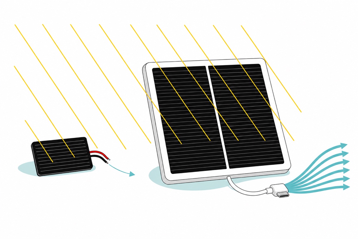 Cartoon of two solar panels under the same sunbeams; the small black epoxy panel puts out one thin teal arrow while the large black monocrystalline panel in a white frame puts out a bundle of six thick teal arrows