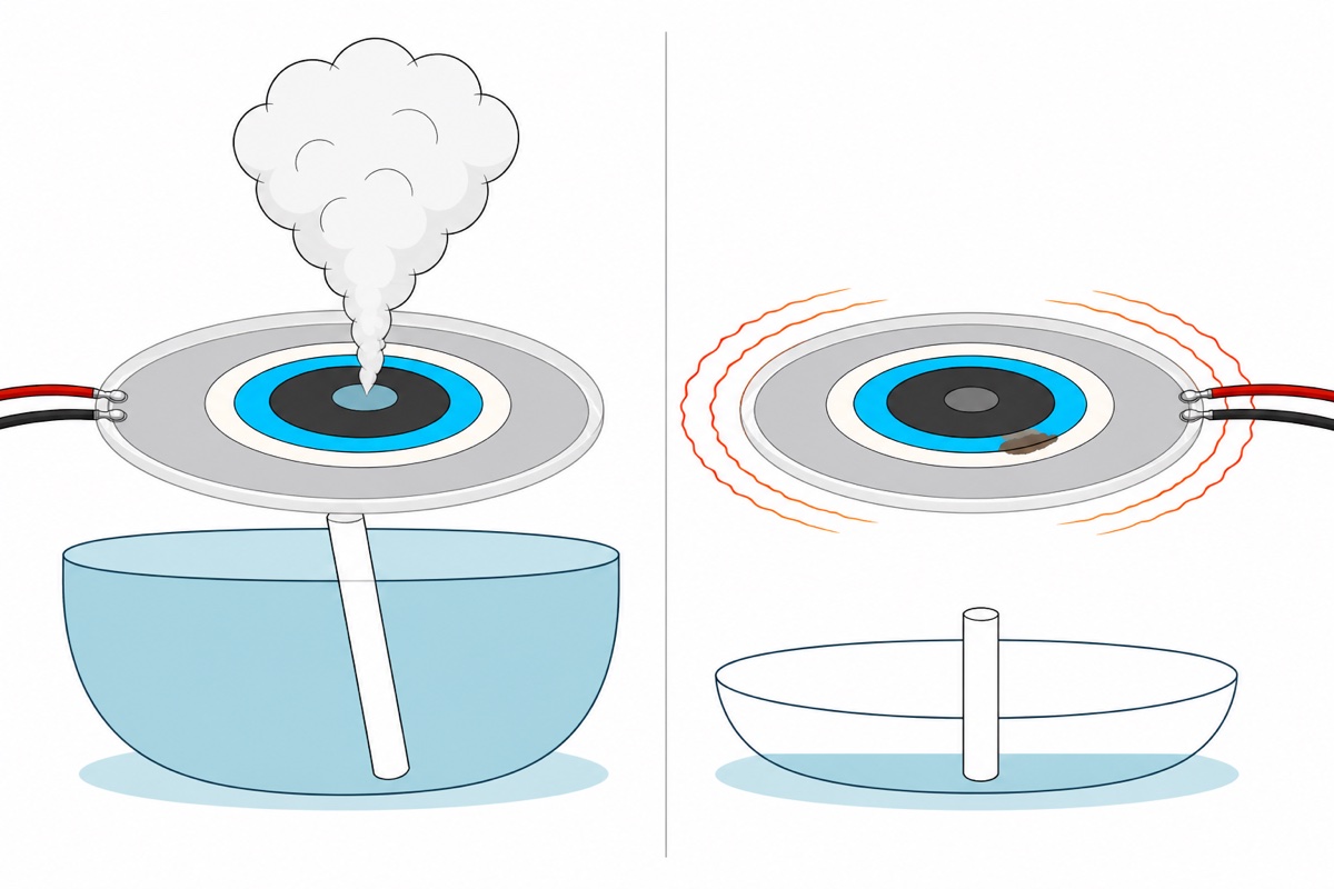 Cartoon comparison split down the middle: on the left an ultrasonic mist disc with a white cotton wick reaching up out of a full bowl of pale teal water and a white mist plume rising from its centre; on the right the same disc over a nearly empty bowl with the wick stopping well short of it, no mist at all, orange and red heat lines radiating around it and a dull brown scorch mark on its sky-blue ceramic ring