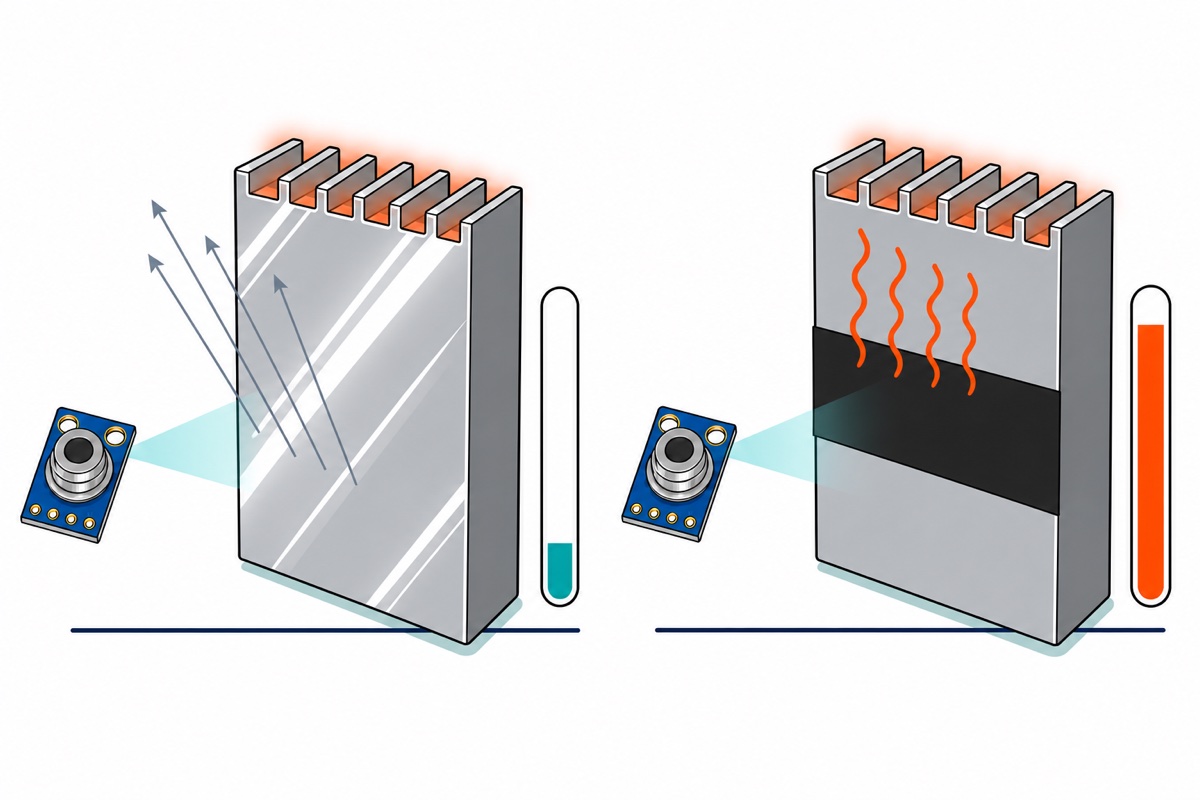 Cartoon comparison of a shiny silver finned heatsink reflecting rays back at a small blue infrared sensor with a low reading gauge, next to the same heatsink covered by matt black tape giving a high reading gauge