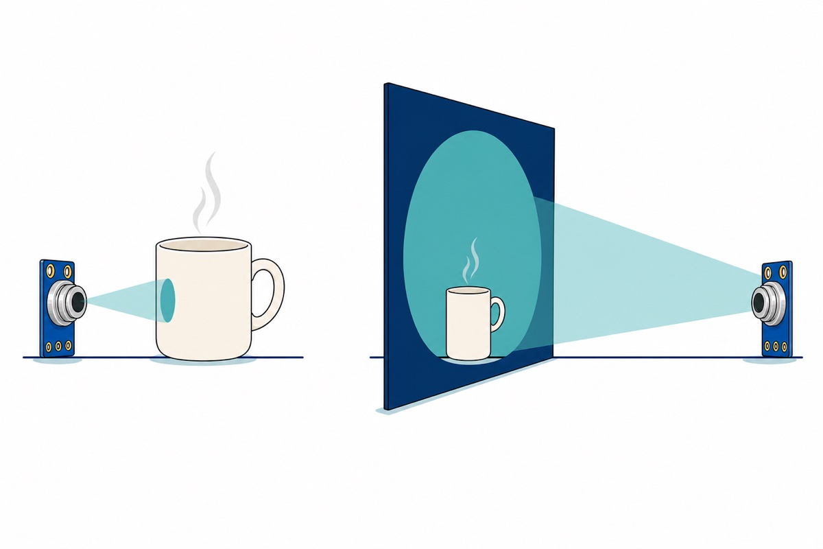 Cartoon comparison showing a small blue infrared sensor board with a silver can projecting a narrow teal cone onto a white mug up close, and a wide teal cone spilling far past the mug onto a navy wall from a distance